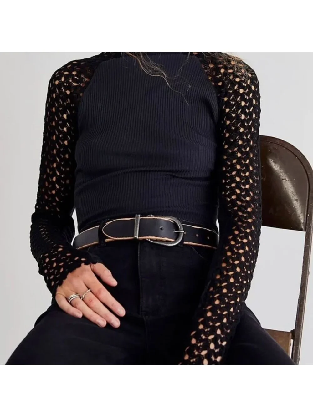 Free People Clemente Top Navy Blue Ribbed Bodice Black Lace Long Sleeve XL Shirt